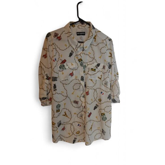 Karl Lagerfeld Paris Women’s Button Front Blouse Size XL Paris Landmark Print - Picture 1 of 3